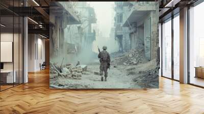 A lone soldier walks through a desolated, war-torn street filled with rubble and damaged buildings, signifying the aftermath of conflict. Wall mural