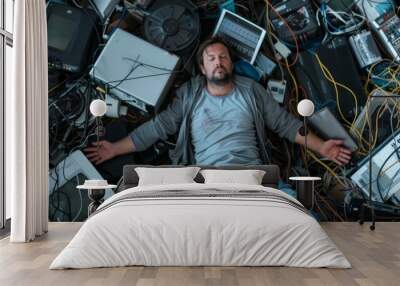 A man in casual attire lies surrounded by a chaotic mess of tech devices and tangled wires, symbolizing digital exhaustion and overload. Wall mural