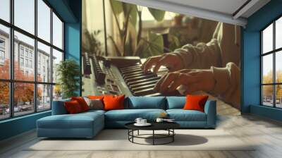 A person in casual attire plays a synthesizer by a sunlit window, surrounded by lush indoor plants, capturing a serene and creative ambiance. Wall mural