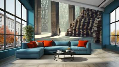 A person standing in the middle of a vast library, surrounded by towering stacks of books, exuding a sense of wonder and exploration. Wall mural