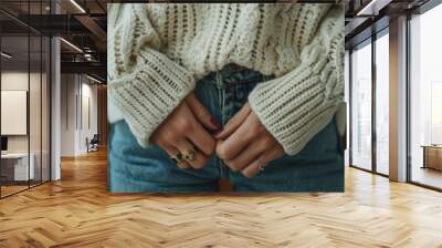 A person wearing a cozy, oversized cream sweater and jeans, hands clasped together in front, exuding warmth and casual comfort. Wall mural