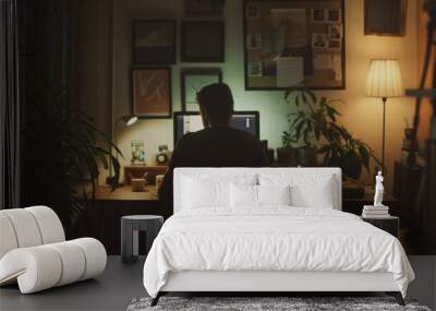 A person works late into the night, illuminated by the glow of a computer screen, surrounded by plants and framed pictures in a cozy, dimly lit room. Wall mural