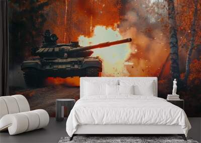 A powerful tank fires a round amidst a fiery explosion, set in a forested area, capturing the intensity of military action. Wall mural