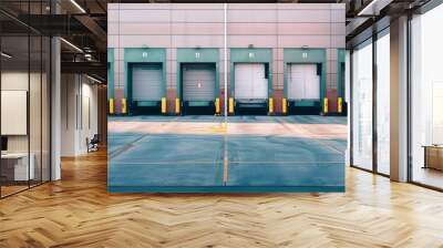 A row of green industrial dock doors stands ready for unloading, hinting at the bustling activity of a warehouse. Wall mural