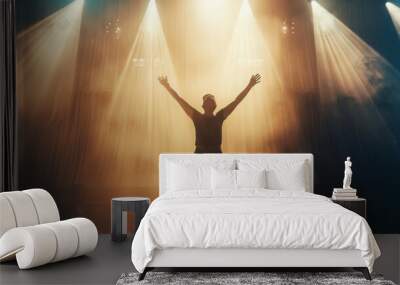 A silhouette of a person with arms raised against dramatic stage lighting, capturing a moment of triumph and admiration. Wall mural