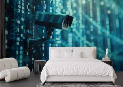 A surveillance camera amidst a backdrop of glowing binary code, representing the intersection of security technology and vast digital information streams. Wall mural