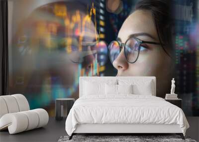 A thoughtful woman with glasses analyzes stock figures displayed on a high-tech screen, symbolizing precision and intellect in the financial sector. Wall mural