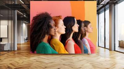 A vibrant lineup of diverse women in profile against a colorful background, representing unity, diversity, and the beauty of individuality. Wall mural