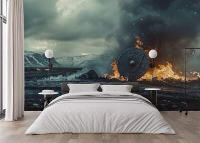 A Viking shield lies discarded amidst a burning, desolate battlefield, imbuing the scene with stark, dramatic tension and echoes of past conflicts. Wall mural