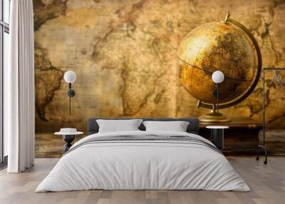 A vintage globe rests on a wooden table, evoking a sense of travel and history against an antique world map backdrop. Wall mural