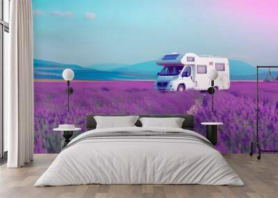 A white camper van parked amidst a vast, dreamy lavender field under a pastel sky, with mountains in the distance. Wall mural