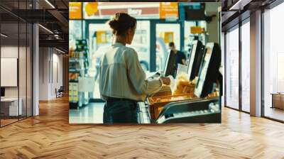 A woman at a self-checkout station in a bright, modern grocery store, illuminated by natural light, embodying convenience and efficiency. Wall mural