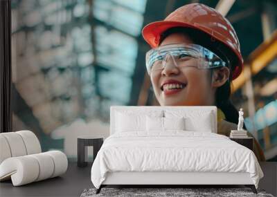 A woman in protective gear, including a hard hat and safety glasses, smiling confidently in a well-lit industrial setting, exuding a sense of pride and accomplishment. Wall mural