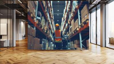 A worker in a high-visibility vest navigates a warehouse, surrounded by towering shelves of packed boxes, representing logistics and efficiency in a bustling environment. Wall mural