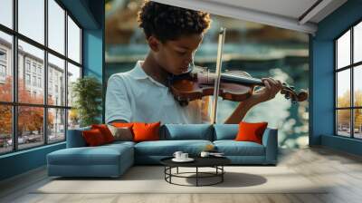 A young boy playing the violin near an outdoor pool, captured in a serene moment of concentration and musical expression. Wall mural