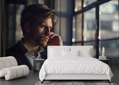 A young man in a suit talks on the phone, framed by large windows that let in the soft, late afternoon sunlight. Wall mural