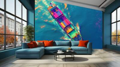 An aerial view of a colorful cargo ship navigating through vibrant blue waters, creating an artistic and dynamic contrast. Wall mural