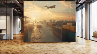 An airplane takes off over a bustling port at sunrise, featuring shipping containers and cranes beneath a stunning sky. Wall mural