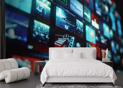 An array of screens forms a vibrant command center, alive with data and video feeds. Wall mural