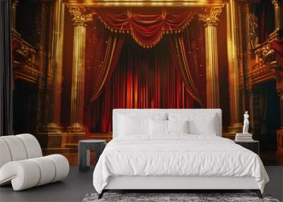 An elegant theater stage with luxurious red curtains and ornate golden detailing, emanating a sense of sophistication and drama. Wall mural