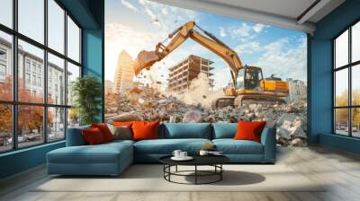 An excavator demolishes a building in an urban area, with rubble, dust, and sunlight creating a dramatic scene of construction activity. Wall mural