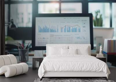 An office desk featuring a computer monitor displaying detailed analytical charts, representing focused work and productivity in a modern workspace. Wall mural