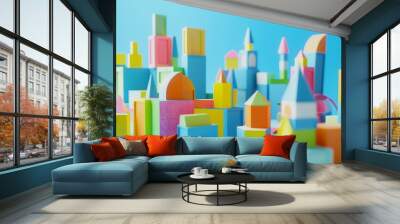 Brightly colored, geometric wooden blocks create a vibrant cityscape resembling modern architecture against a blue backdrop. Wall mural