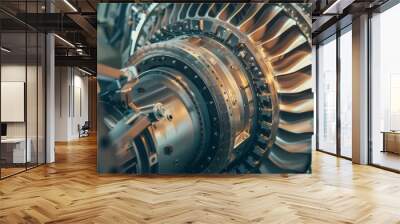 Close-up of a turbine engine showcasing intricate metallic details and precise engineering. Wall mural