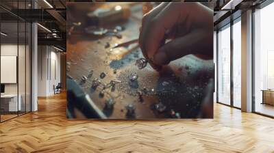 Close-up of hands setting a gemstone into a ring at a jewelry workshop, surrounded by tiny gems and specialized tools, epitomizing precision and skill. Wall mural