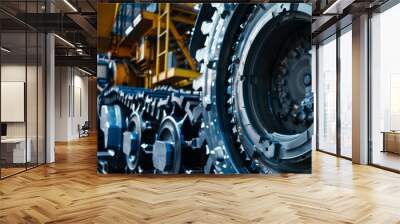 Close-up view of a sturdy industrial vehicle's intricate wheel and gear mechanisms exuding strength and raw mechanical power. Wall mural