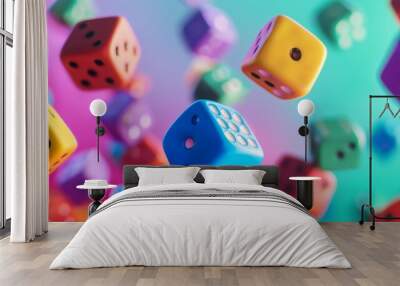 Colorful dice hover and tumble against a blurred pastel background, illustrating a sense of chance, play, and vibrant energy. Wall mural