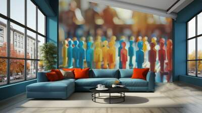 Colorful plastic figurines are gathered on a table, representing a diverse crowd in a warm, softly lit social setting, symbolizing community and togetherness. Wall mural