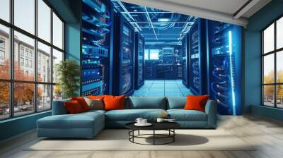 Digital Nerve Center: Server Room Boasting Switches, Internet Cables, Wires, and Cutting-Edge Fiber Optic Gear. The Backbone of Modern Networking. Wall mural