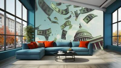 Dollar bills raining over the Capitol, symbolizing political finance. Wall mural