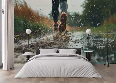 Dynamic action shot captures feet mid-splash on a muddy trail run. Wall mural