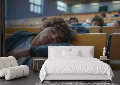 Exhausted student napping in lecture hall, school demands taking a toll. Wall mural