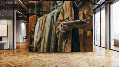 Fashion-forward shopper uses a tablet in a trendy boutique, surrounded by garments. Wall mural