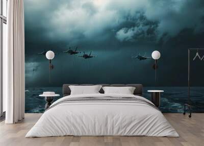 Four fighter jets fly over a stormy sea, dark clouds looming above as rain falls, creating an intense and dramatic atmosphere. Wall mural