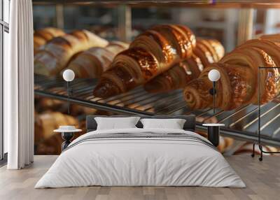 Freshly baked, golden-brown croissants arranged on a metal rack in a bakery, ready to be enjoyed. Wall mural