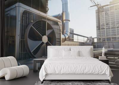 Industrial air conditioning units on a rooftop, gleaming under the sun. Wall mural