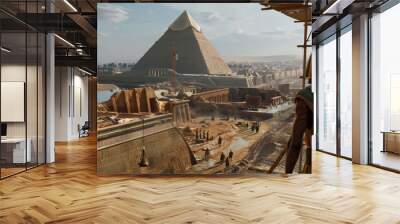 Majestic view of an ancient Egyptian Pharaoh overseeing the construction of the Great Pyramid with workers diligently building around the site. Wall mural