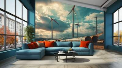 Majestic wind turbines rise against a dramatic sky, with the sun casting a radiant glow on this monumental modern renewable energy farm. Wall mural