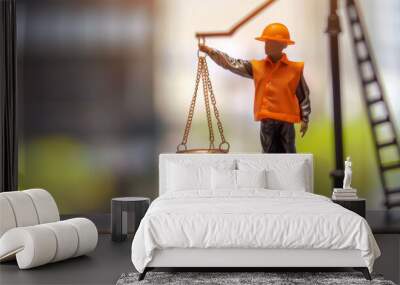 Miniature statue of a worker in safety gear holding scales of justice, symbolizing balance between labor rights and law. Wall mural