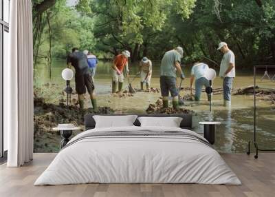 People in boots and waders are working together, cleaning debris from a river in a lush, green environment on a sunny day. Wall mural