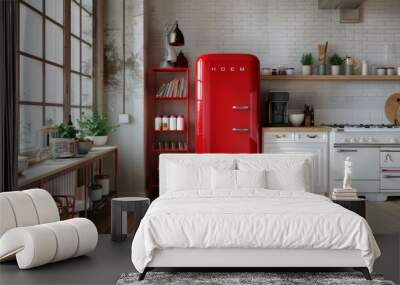 Rustic kitchen with a red fridge and open shelving filled with essentials, bathed in warm natural light, blending vintage charm with modern functionality. Wall mural