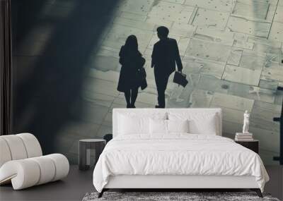 Silhouetted figures of a man and woman walk together, their shadows long on the sunlit pavement, capturing an urban scene enriched by quiet companionship. Wall mural