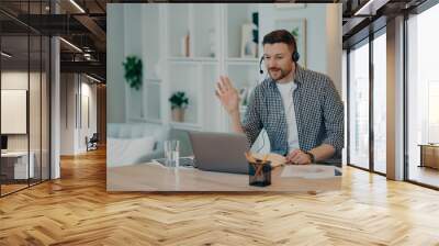 Smiling young man working with laptop at home Wall mural