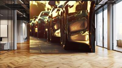 The polished exteriors of luxury cars gleam in the sunlight as they line up neatly along a city street. Wall mural