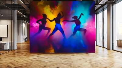 Three dancers in silhouetted poses are dramatically highlighted by swirling colorful lights and smoke, creating a vibrant and energetic stage atmosphere. Wall mural