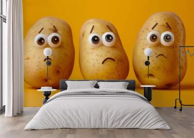 Three potatoes with cartoonish, expressive eyes on an orange background, giving them a playful and humorous appearance. Wall mural